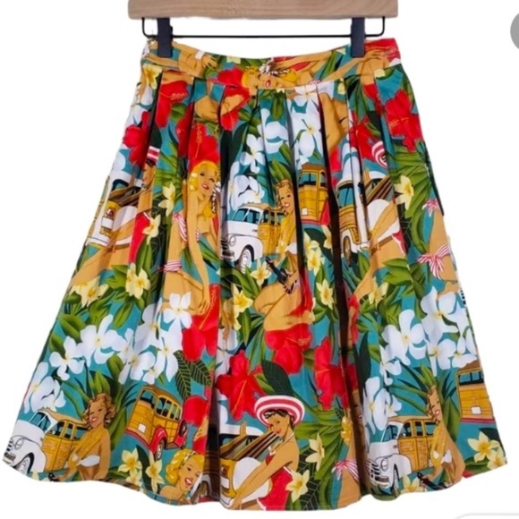 Hawaiian Pinup Full a-line skirt tropical retro print vacation button side color - Picture 2 of 4